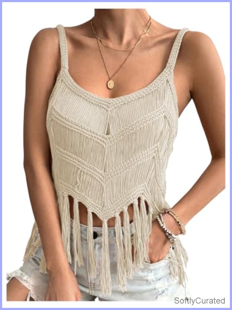 Tassel Trim Sleeveless Crochet Fringe Top V Neck Asymmetrical Hem Tank Top